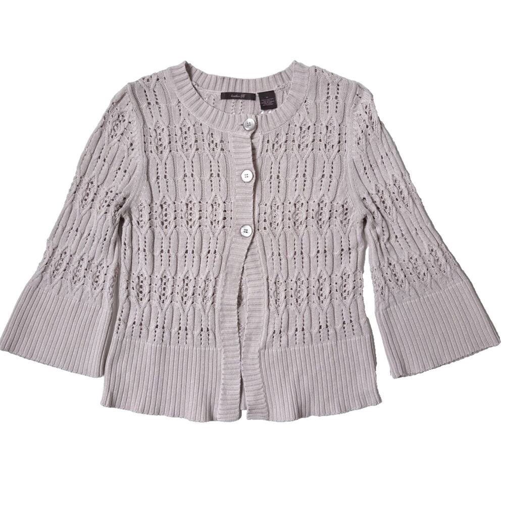 Pointelle Knit Cardigan Bell Sleeve Cotton Gray Pink Cottagecore Balletcore M